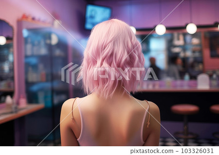 A girl with pink hair stands at the counter in a beauty salon. Generative AI 103326031