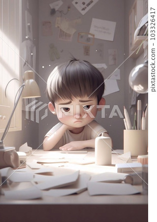 A boy with a melancholy expression on his elbow on a messy desk A boy with a melancholy expression on his elbow on a messy desk 103326417