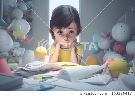 A girl with a melancholy expression on her elbow on a messy desk A girl with a melancholy expression on her elbow on a messy desk 103326418