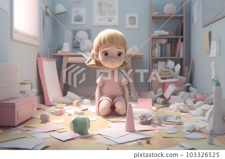 A girl sitting in a messy room with a troubled face 103326525