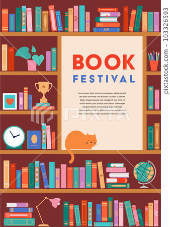 Bookshelf concept illustration. A lot of books on the shelf, clock, cat, plant and globe 103326593