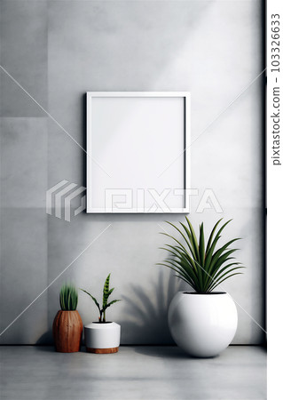 Empty frame mockup in minimalist interior with window and plant on grey sunlit wall background. Template for artwork, painting, photo or presentation. AI generated image. Empty frame mockup in minimalist interior with window and plant on grey sunlit wall background. Template for artwork, painting, photo or presentation. AI generated image. 103326633