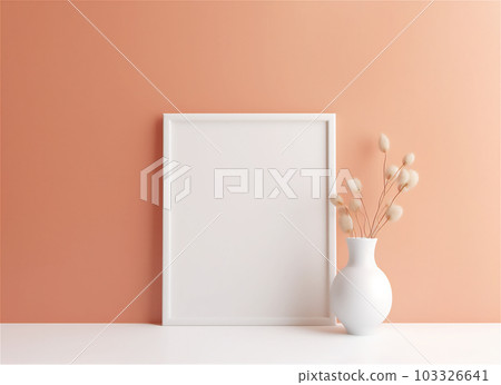Empty square frame mockup in modern minimalist interior with plant in white vase on pastel peach color wall background. Template for artwork, painting, photo or presentation. AI generated image. 103326641