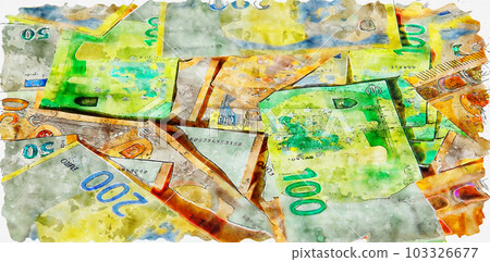 Watercolor drawing of a lot of euro bills in color 103326677