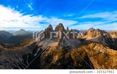 The edges of the high peaks of Tre Chime di Lavaredo at sunset. The edges of the high peaks of Tre Chime di Lavaredo at sunset. 103327461