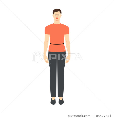 Men to do waist measurement body with arrows fashion Illustration for size chart. Flat male character front 8 head 103327871