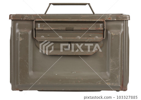 US army green metal .50 cal ammo box on white background. 103327885
