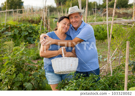 Cute senior couple in backyard garden Cute senior couple in backyard garden 103328082