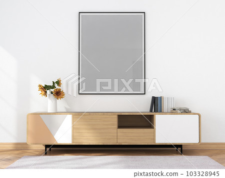 living room interior with wooden sideboard and mock up frame 3D rendering 103328945