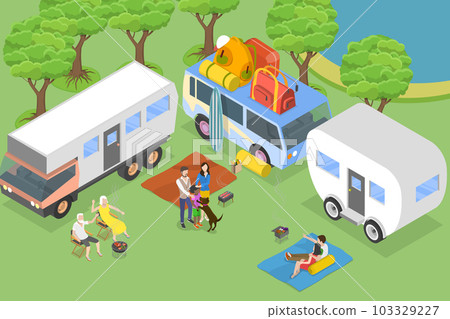3D Isometric Flat Vector Conceptual Illustration of Caravan Camping 103329227