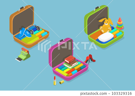 3D Isometric Flat Vector Set of Luggages with Personal Belonging 103329316