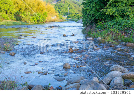 Oashi River, view from near Ashinosato Park, fresh green scenery, Kanuma City 103329561