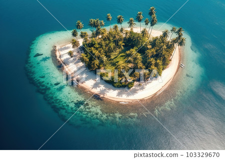 Tiny tropical island with palms and beach surrounded sea blue water, generative AI 103329670