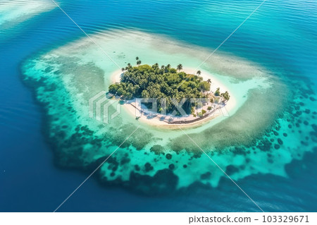 Small tropical island with palms and beach surrounded sea blue water, generative AI. 103329671