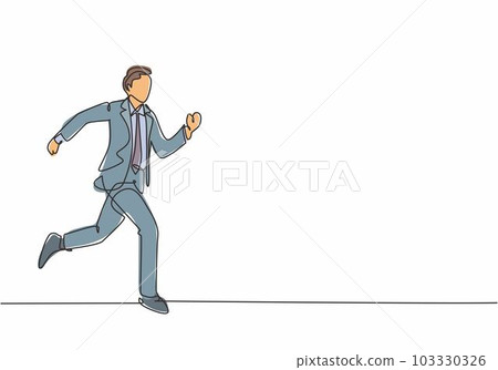 Single continuous single line drawing of young happy businessman opens his hands after running cross the finish line, from side view. Business race concept one line draw design vector illustration 103330326