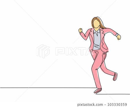 Single continuous single line drawing of young woman urban commuter worker running in rush at city road to get to the office on time. Employee in hurry concept one line draw design vector illustration 103330359