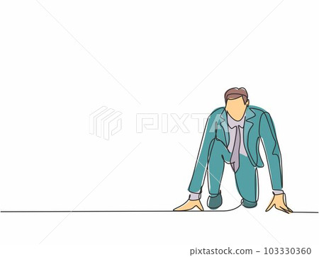 One continuous single line drawing of young happy businessman gets ready to doing sprint run on running track, from front view. Business race concept trendy single line draw design vector illustration One continuous single line drawing of young happy businessman gets ready to doing sprint run on running track, from front view. Business race concept trendy single line draw design vector illustration 103330360
