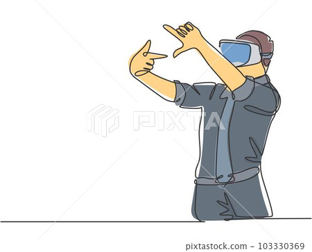 Single continuous line drawing of young male worker gesture forming square shape from his finger while playing augmented reality game. Virtual reality concept one line draw design vector illustration Single continuous line drawing of young male worker gesture forming square shape from his finger while playing augmented reality game. Virtual reality concept one line draw design vector illustration 103330369