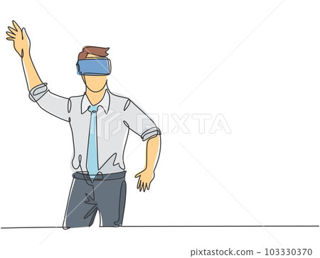 Single continuous line drawing of young shock businessman tries to avoid obstacles while playing game simulation. Virtual reality game player concept one line draw design graphic vector illustration 103330370