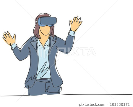 One single line drawing of young happy gamer business woman wearing virtual reality helmet and try to touch. Smart technology futuristic game concept continuous line draw design vector illustration One single line drawing of young happy gamer business woman wearing virtual reality helmet and try to touch. Smart technology futuristic game concept continuous line draw design vector illustration 103330371
