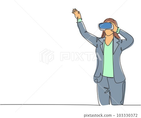 One single line drawing of young happy gamer businesswoman wearing virtual reality glasses and pointing finger. Smart technology futuristic game player concept continuous line draw vector design One single line drawing of young happy gamer businesswoman wearing virtual reality glasses and pointing finger. Smart technology futuristic game player concept continuous line draw vector design 103330372