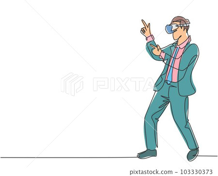 One single line drawing of young happy business man pretending as a cowboy while playing virtual reality game. Smart technology futuristic game concept continuous line draw design vector illustration One single line drawing of young happy business man pretending as a cowboy while playing virtual reality game. Smart technology futuristic game concept continuous line draw design vector illustration 103330373