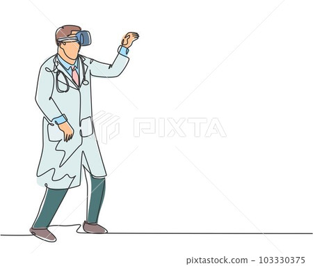 Single continuous line drawing of young happy male doctor ready to catch something while playing business simulation game. Virtual reality game player concept one line draw design vector illustration 103330375