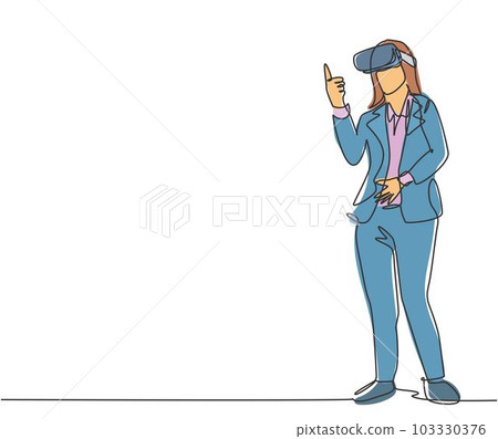 Single continuous line drawing of young businesswoman giving thumb up gesture after successful finishing level at game. Virtual reality game player concept one line draw design vector illustration 103330376