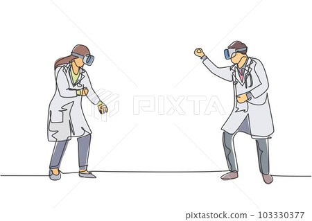 Single continuous line drawing of young male and female doctor ready to punch each other while playing simulation game. Virtual reality game player concept one line draw design vector illustration 103330377