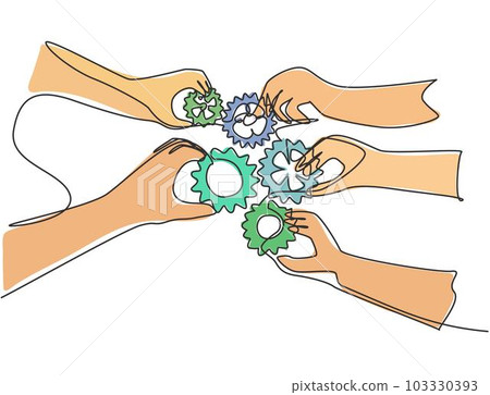 Single continuous line drawing of hand gesture business team members unite piece of gears to one as teamwork symbol. Unity working together concept one line graphic draw design vector illustration Single continuous line drawing of hand gesture business team members unite piece of gears to one as teamwork symbol. Unity working together concept one line graphic draw design vector illustration 103330393