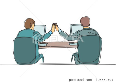 One continuous line drawing of two young happy business men high five when they knew the project running smoothly. Trendy business teamwork concept single line draw design graphic vector illustration One continuous line drawing of two young happy business men high five when they knew the project running smoothly. Trendy business teamwork concept single line draw design graphic vector illustration 103330395