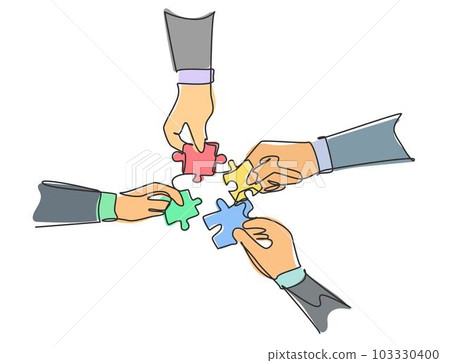 Single continuous line drawing of business team members unite puzzle pieces together to one as team building symbol. Employee teamwork concept. Trendy one line draw design vector graphic illustration 103330400