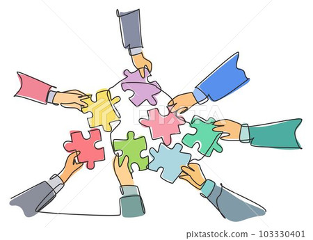 Single continuous line drawing of male and female business team members unite puzzle pieces together to one as team building symbol. Employee teamwork concept one line draw design vector illustration 103330401