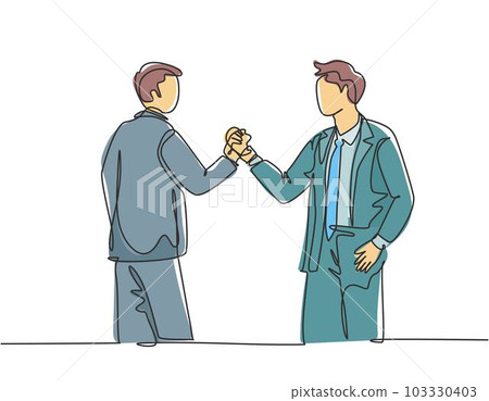 One single line drawing of two young happy business men holding their hands together to mark the commencement of a joint project. Teamwork concept continuous line draw design vector illustration 103330403