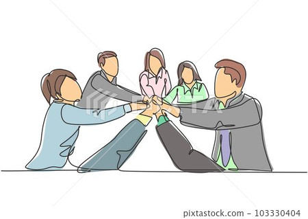 One single line drawing group of young happy male and female business people unite their hands together to form a circle shape. Teamwork unity concept continuous line draw design vector illustration 103330404