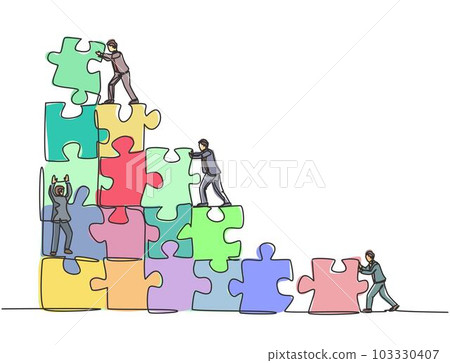 One single line drawing of two young businessman push and arrange puzzle pieces to build a strong building. Trendy business teamwork concept continuous line draw design graphic vector illustration 103330407