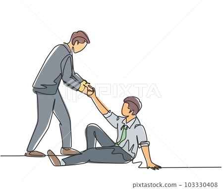One single line drawing of young happy business man helping his bankrupt partner who lay down on the ground to support to rise up. Teamwork concept continuous line draw design vector illustration 103330408