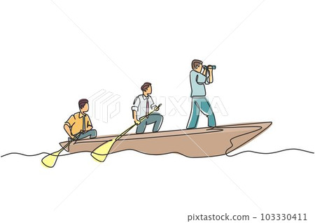 One single line drawing of young male team member take a boat heading to an island while the leader navigate them using binocular. Teamwork concept continuous line draw design vector illustration One single line drawing of young male team member take a boat heading to an island while the leader navigate them using binocular. Teamwork concept continuous line draw design vector illustration 103330411