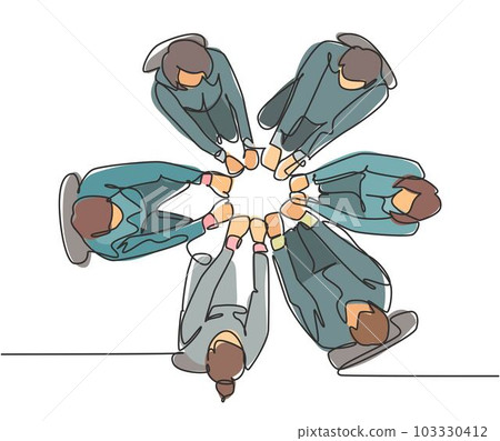 One continuous line drawing group of young male female business people unite their hands together to form circle shape symbol, top view. Teamwork concept single line draw design vector illustration One continuous line drawing group of young male female business people unite their hands together to form circle shape symbol, top view. Teamwork concept single line draw design vector illustration 103330412