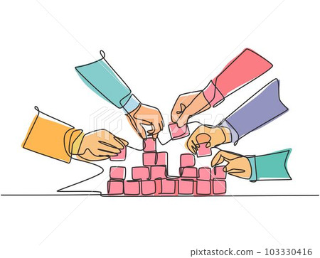 Single continuous line drawing of business team member arrange wooden cube block become sturdy tower together to improve team building. Teamwork concept one line draw design vector illustration Single continuous line drawing of business team member arrange wooden cube block become sturdy tower together to improve team building. Teamwork concept one line draw design vector illustration 103330416