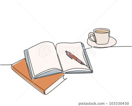 Single continuous line drawing of hand gesture writing on an open book beside a cup of coffee at work desk. Writing draft business concept. Modern one line draw design vector graphic illustration 103330430