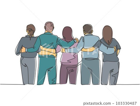 Single continuous line drawing about group of men and woman from multi ethnic standing and hugging together to show their unity bonding. Friendship concept one line draw design vector illustration 103330487