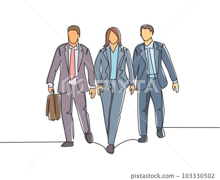 Single continuous line drawing of young businessman and businesswoman walking and talking together to the office. Urban commuter workers concept one line draw design graphic vector illustration 103330502