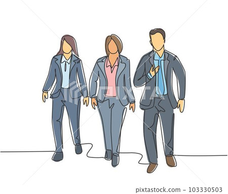 One continuous line drawing of young male and female employees talking and walking together on the street to go to city subway. Urban commuters concept single line draw design vector illustration 103330503