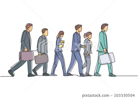 One continuous line drawing of group urban male and female commuters walking every day on city road go to the office. Urban commuter workers concept single line draw design vector illustration One continuous line drawing of group urban male and female commuters walking every day on city road go to the office. Urban commuter workers concept single line draw design vector illustration 103330504