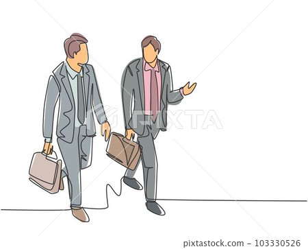 Single continuous line drawing of young happy business men talking to his colleagues when walking approaching the office. Business conversation concept. One line draw design vector illustration Single continuous line drawing of young happy business men talking to his colleagues when walking approaching the office. Business conversation concept. One line draw design vector illustration 103330526