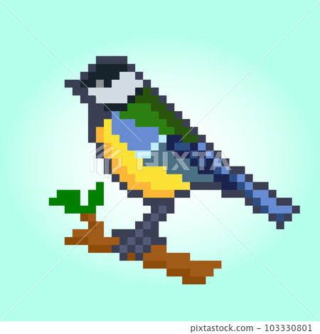 Pixel 8 bit blue tit bird. Animal game assets in vector illustration. Pixel 8 bit blue tit bird. Animal game assets in vector illustration. 103330801