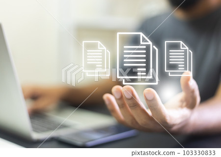 Electronic document concept. Businessman use laptop with virtual document on hand 103330833