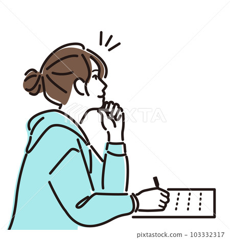 Young woman thinking of something and taking notes Young woman thinking of something and taking notes 103332317