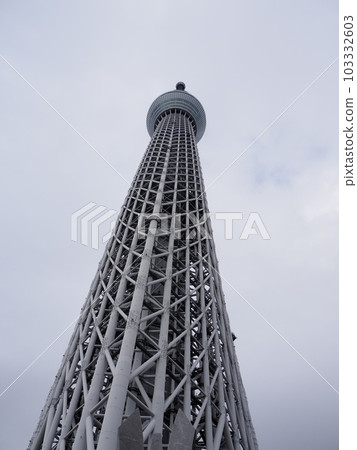 在多雲的天空中從正下方看到的東京晴空塔 在多雲的天空中從正下方看到的東京晴空塔 103332603